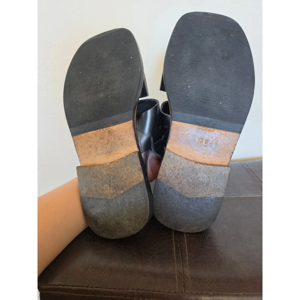 Gucci Black Leather Square Toe Minimalist Buckle Slingback Sandals sz 7.5D